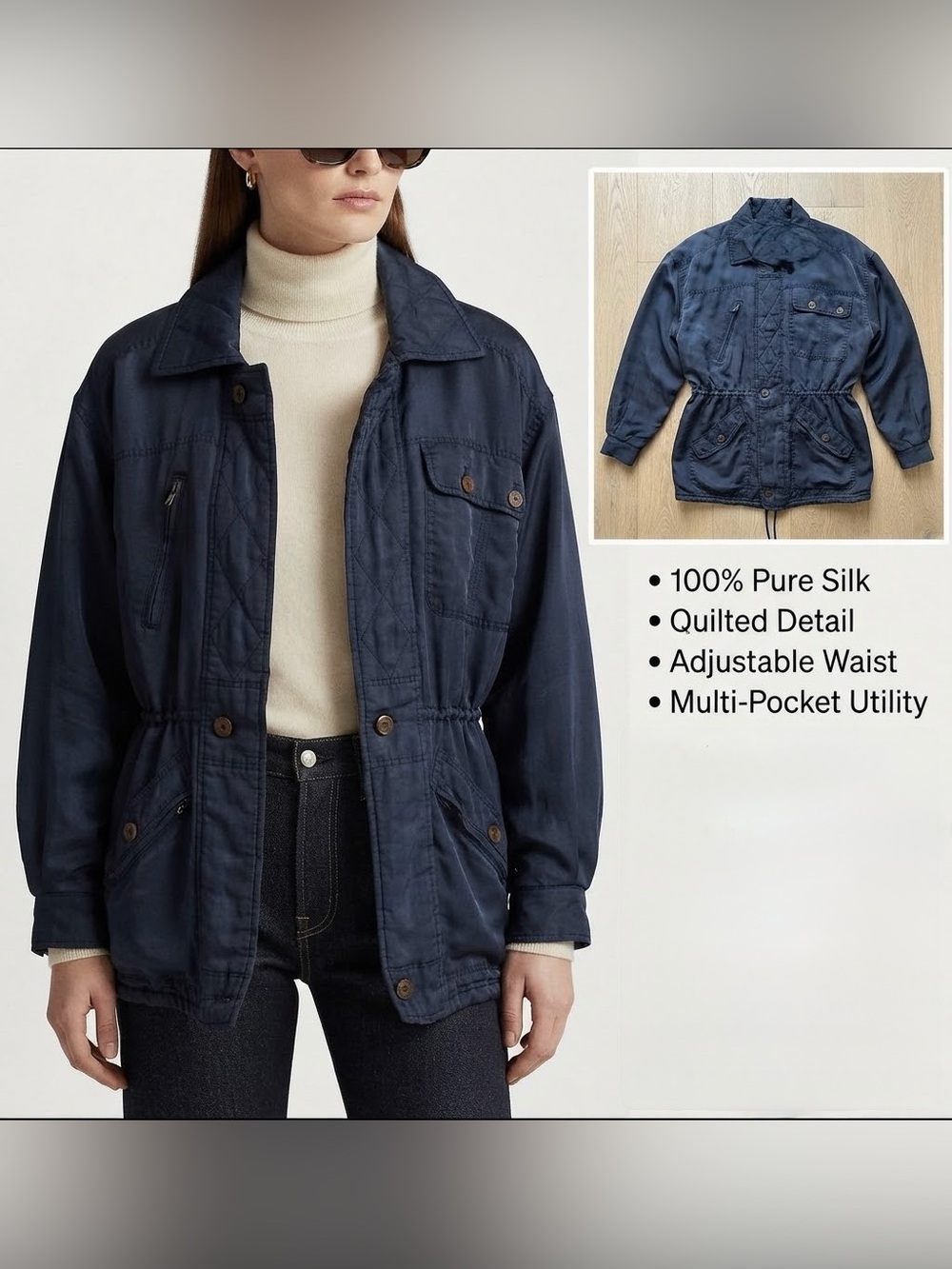 Women’s Vintage Style Navy Blue Silk Utility Field Jacket with Adjustable Waist